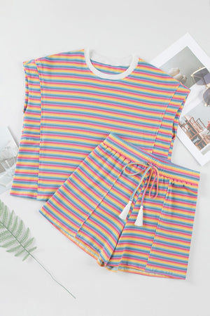 Rainbow striped ribbed loungewear set with tassel drawstring shorts and cap sleeve top.