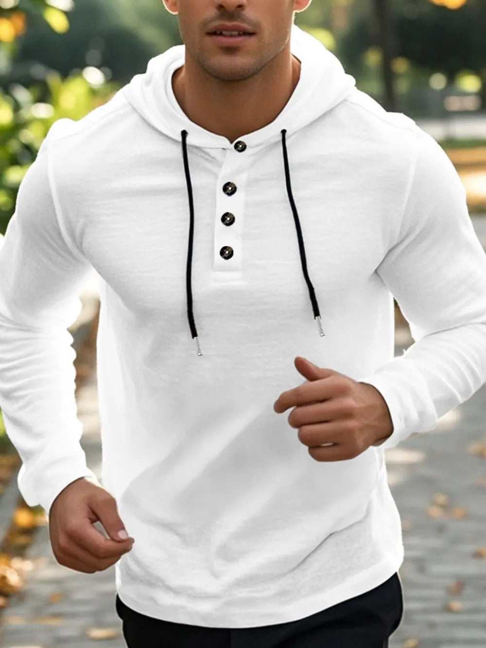 White henley hooded linen blend shirt with black drawstrings and buttons