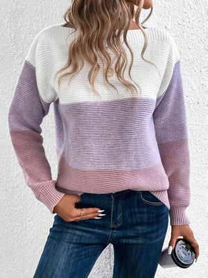 Colorblock ribbed knit sweater with boatneck in white, lavender, and pink stripes.