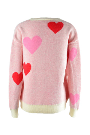 Blush pink crewneck sweater with red and pink intarsia hearts, cream ribbed cuffs and hem.