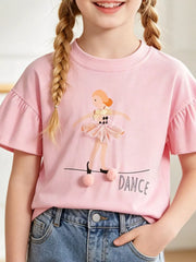 Pink cotton crew neck t-shirt with a 3D ballet dancer graphic and ruffled sleeves.