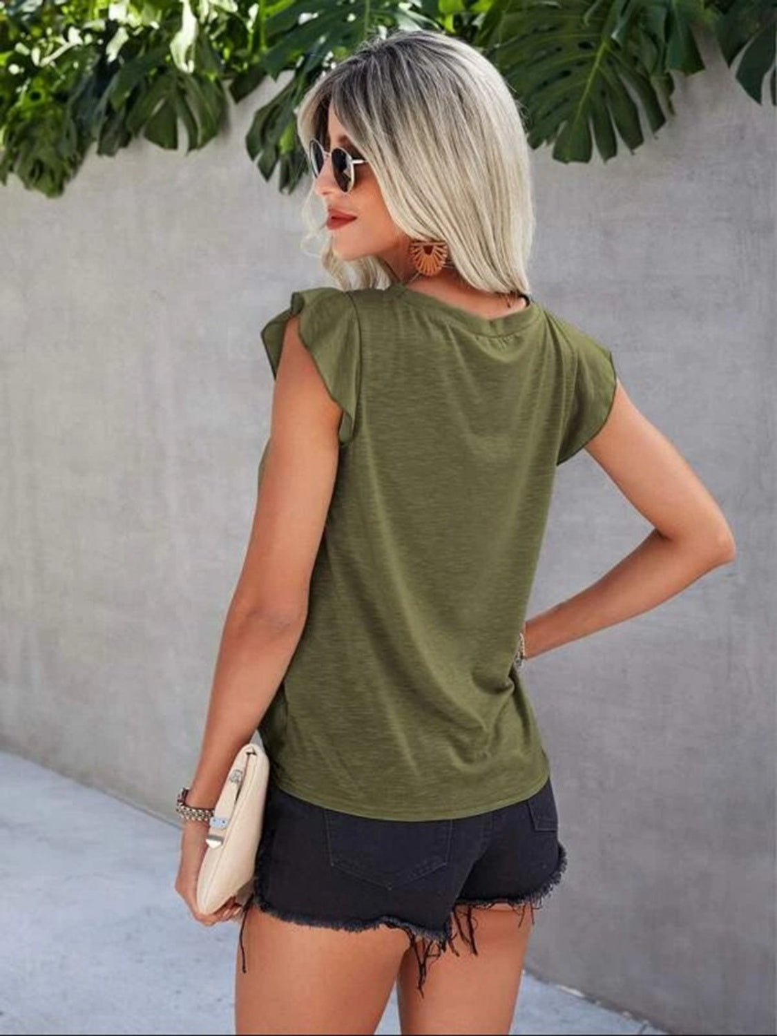 Eyelet Yoke Flutter Sleeve Top in Matcha Green cotton with flutter sleeves.