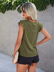 Eyelet Yoke Flutter Sleeve Top in Matcha Green cotton with flutter sleeves.