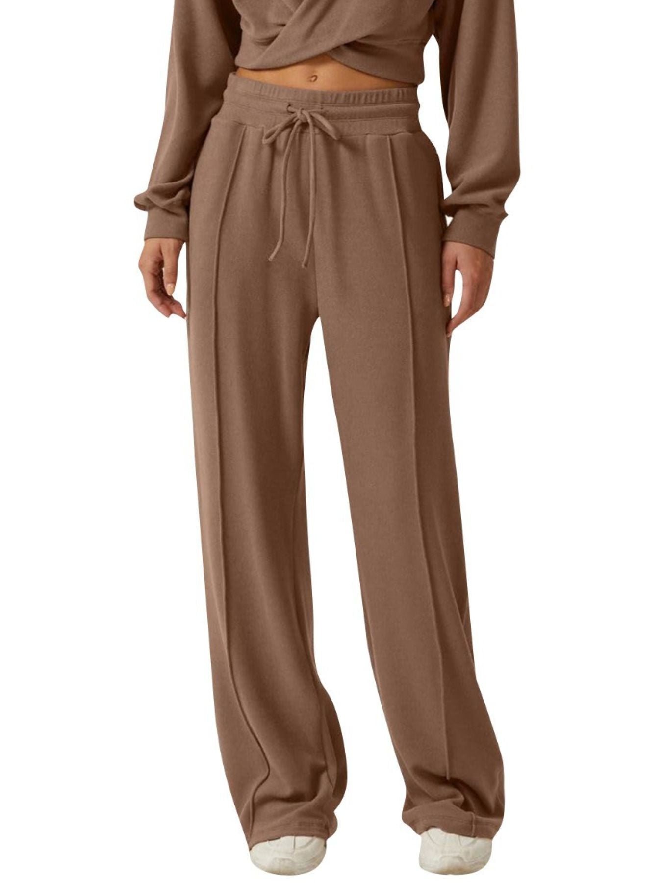 Camel relaxed fit pants with drawstring waist and front seam detail