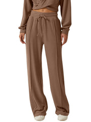 Camel relaxed fit pants with drawstring waist and front seam detail