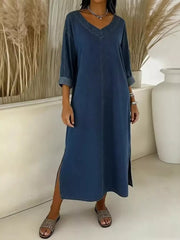 Denim midi dress in dark blue with V-neck, long sleeves, and side slit