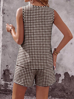 Brown gingham two-piece set with button-down top and shorts.