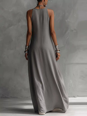 Gray two-tone maxi dress with pockets, sleeveless, A-line cut