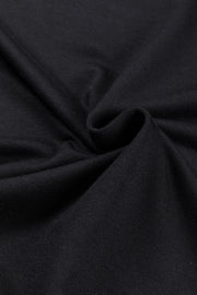 Black drape-front cowl neck tunic with soft, textured fabric detail.
