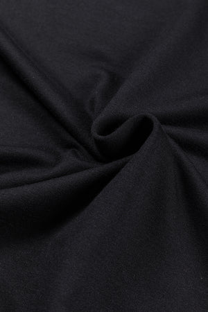 Black drape-front cowl neck tunic with soft, textured fabric detail.