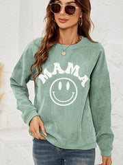 Corduroy sweatshirt in Gum Leaf with white "Mama" smiley graphic, crewneck, long sleeves.