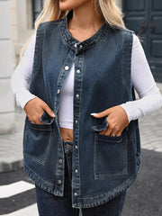 Blue denim vest with band collar, button front, and chest pockets.