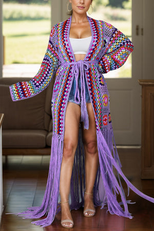 Granny square crochet duster with fringe in multicolor, long sleeves, open front with tie belt.