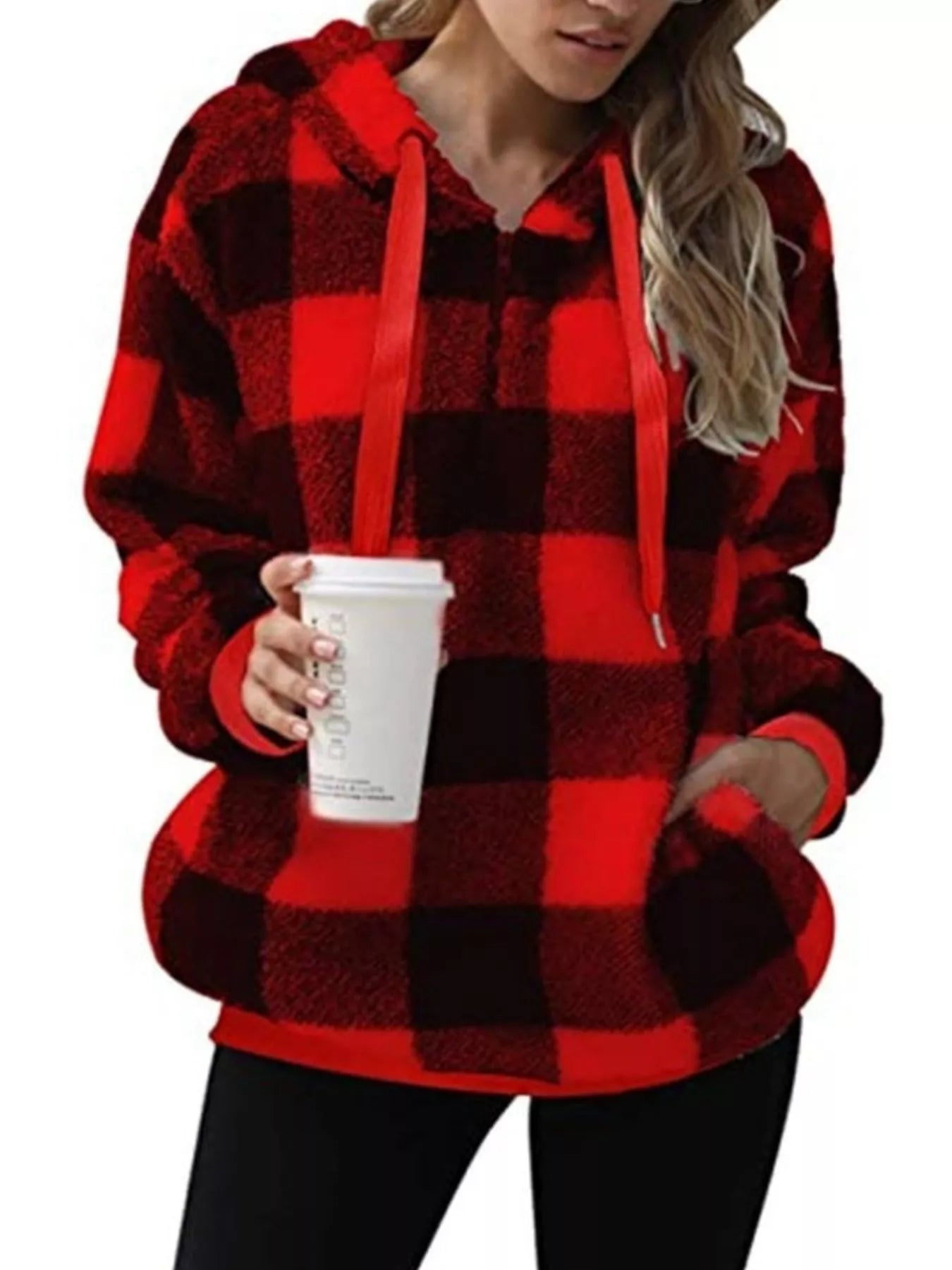 Red and black plaid sherpa hoodie with drawstring and pockets