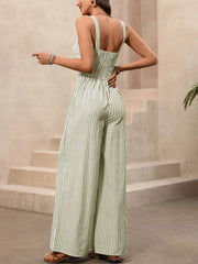 Light green striped cotton jumpsuit with cinched waist and wide legs.