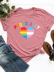 Dusty Pink t-shirt with rainbow and transgender heart graphic and Proud Ally text.