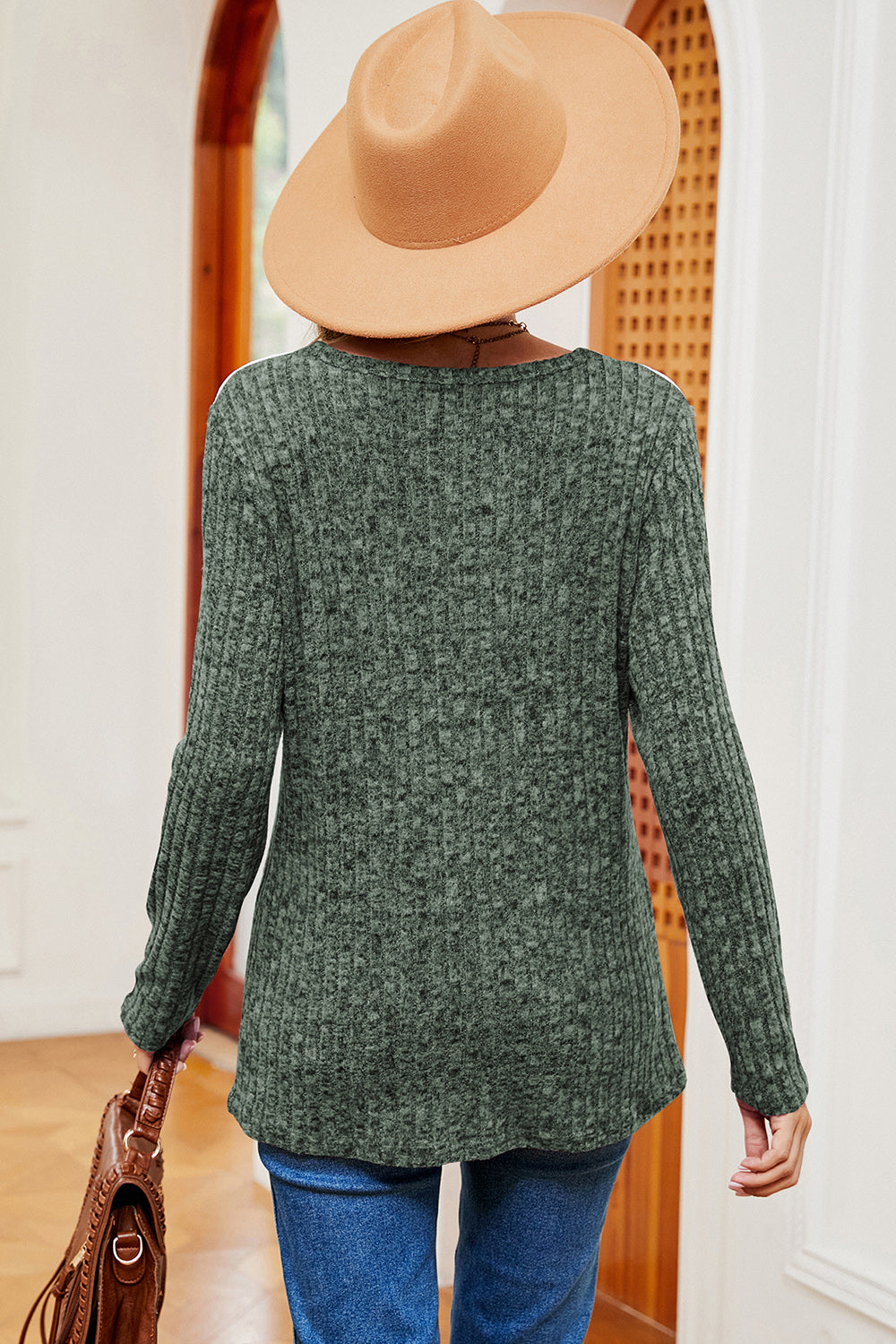 Matcha green ribbed knit top with eyelet shoulder detail, long sleeves, and a relaxed fit.