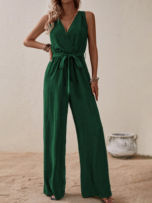 Dark green textured wrap-front wide-leg jumpsuit with tie waist