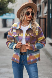 Southwestern print overshirt jacket with button front and chest pockets.