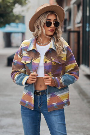 Southwestern print overshirt jacket with button front and chest pockets.