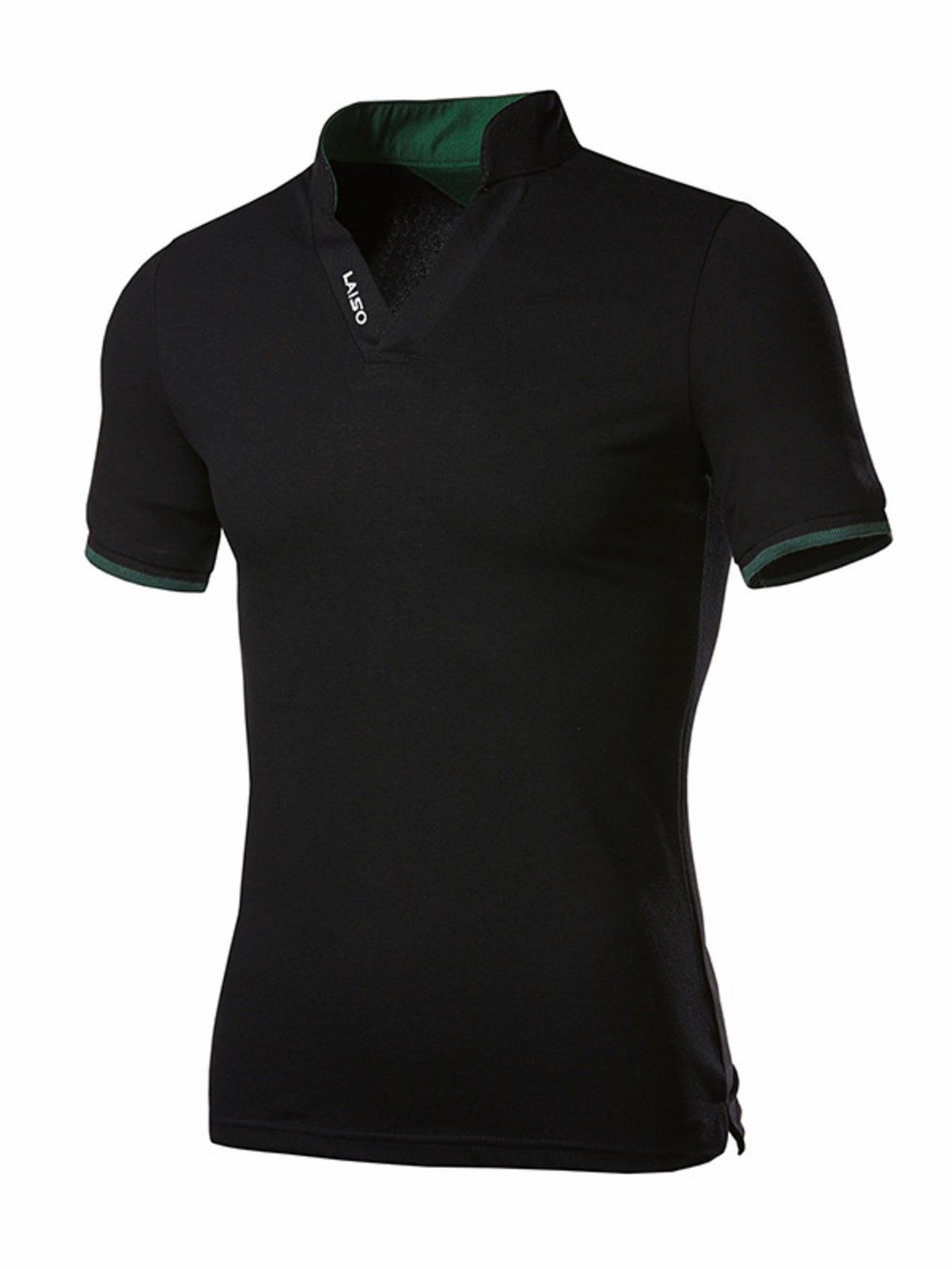 Black cotton men's undershirt with notched V-neck and green trim