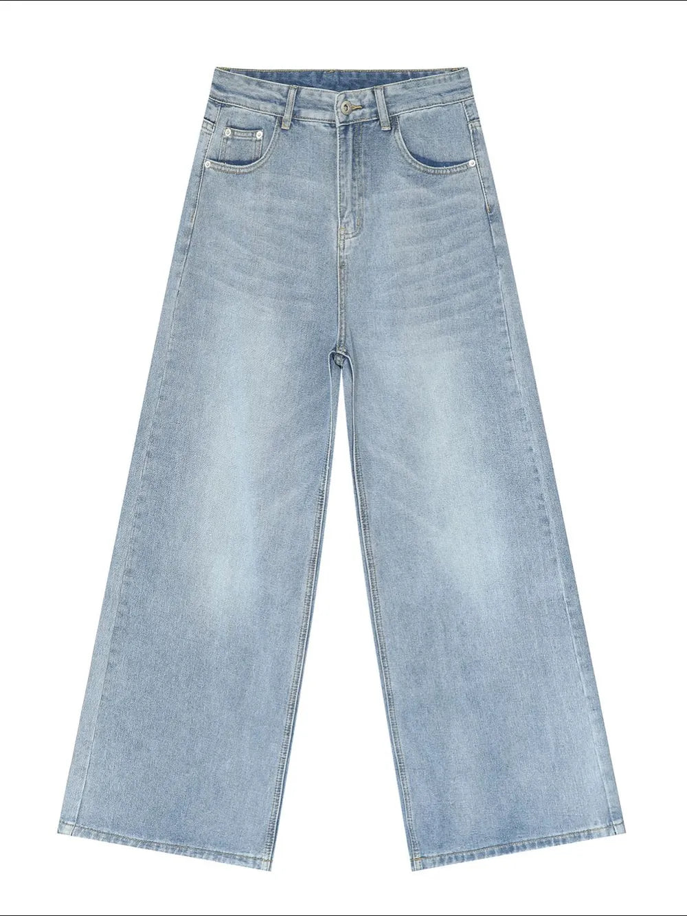 Light blue wide-leg denim jeans with a vintage wash and relaxed fit.