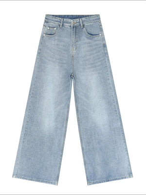Light blue wide-leg denim jeans with a vintage wash and relaxed fit.