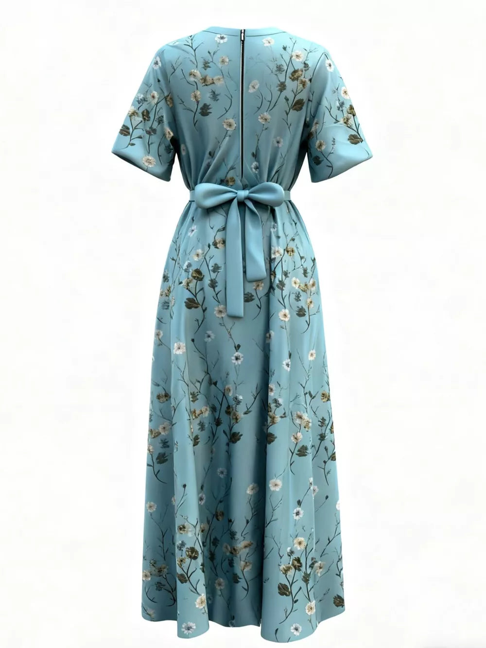 Floral print maxi dress with belt, short sleeves, and back zipper detail.