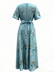 Floral print maxi dress with belt, short sleeves, and back zipper detail.