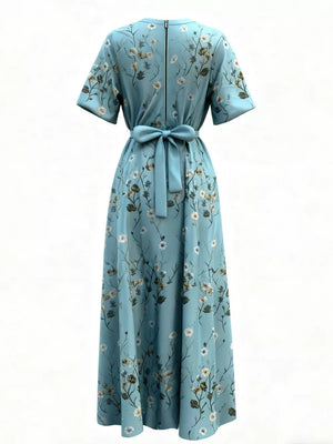 Floral print maxi dress with belt, short sleeves, and back zipper detail.