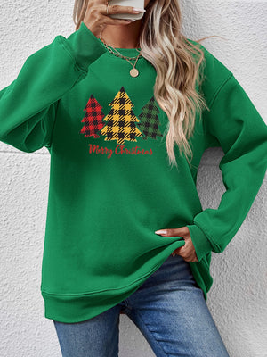 Green crewneck sweatshirt with plaid trees graphic and Merry Christmas text.