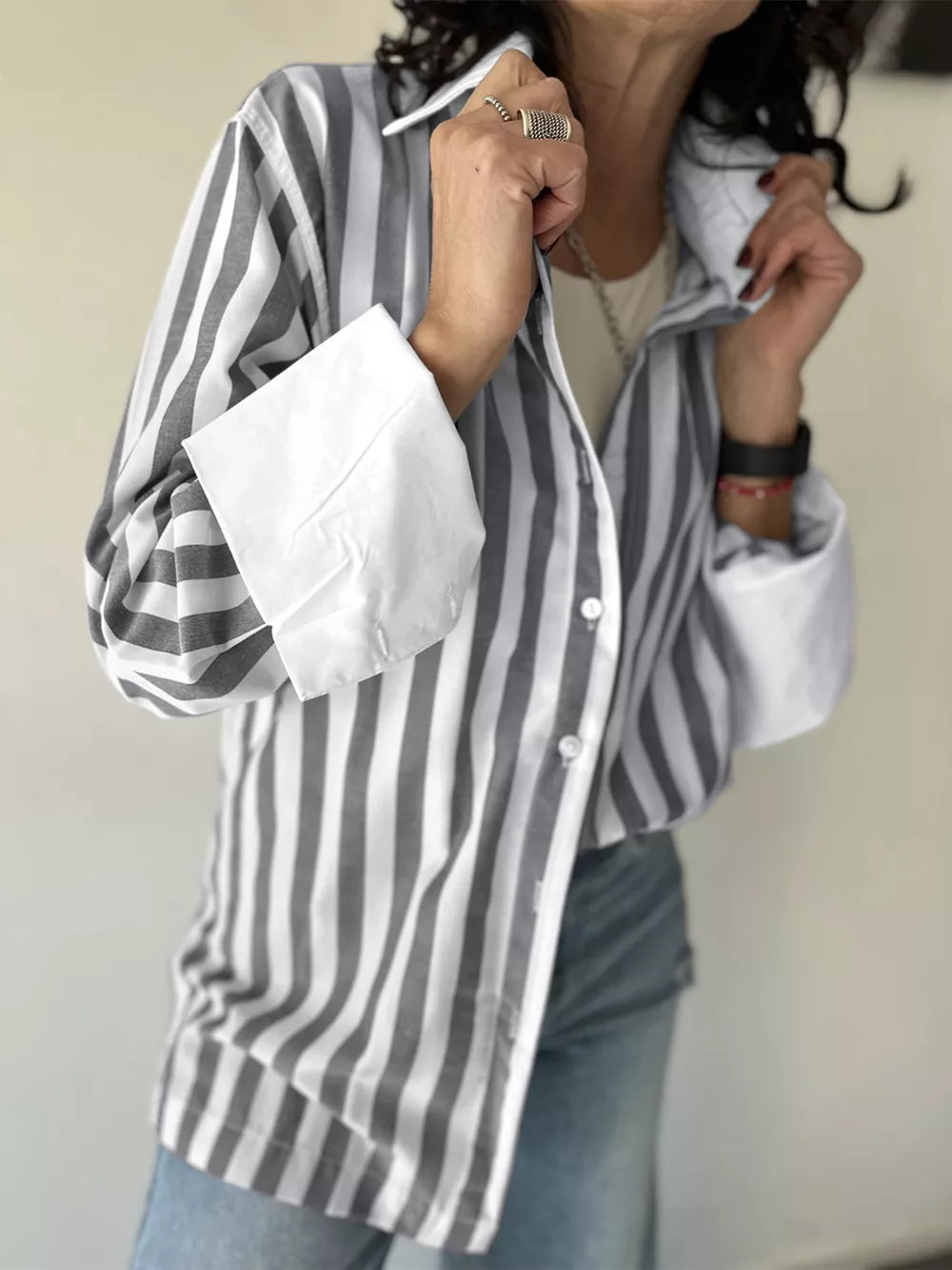 Striped Button-up Long Sleeve Shirt in Gray, back view