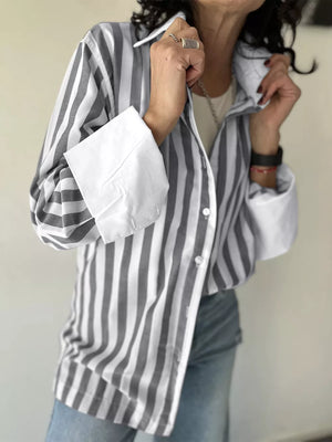 Striped Button-up Long Sleeve Shirt in Gray, back view