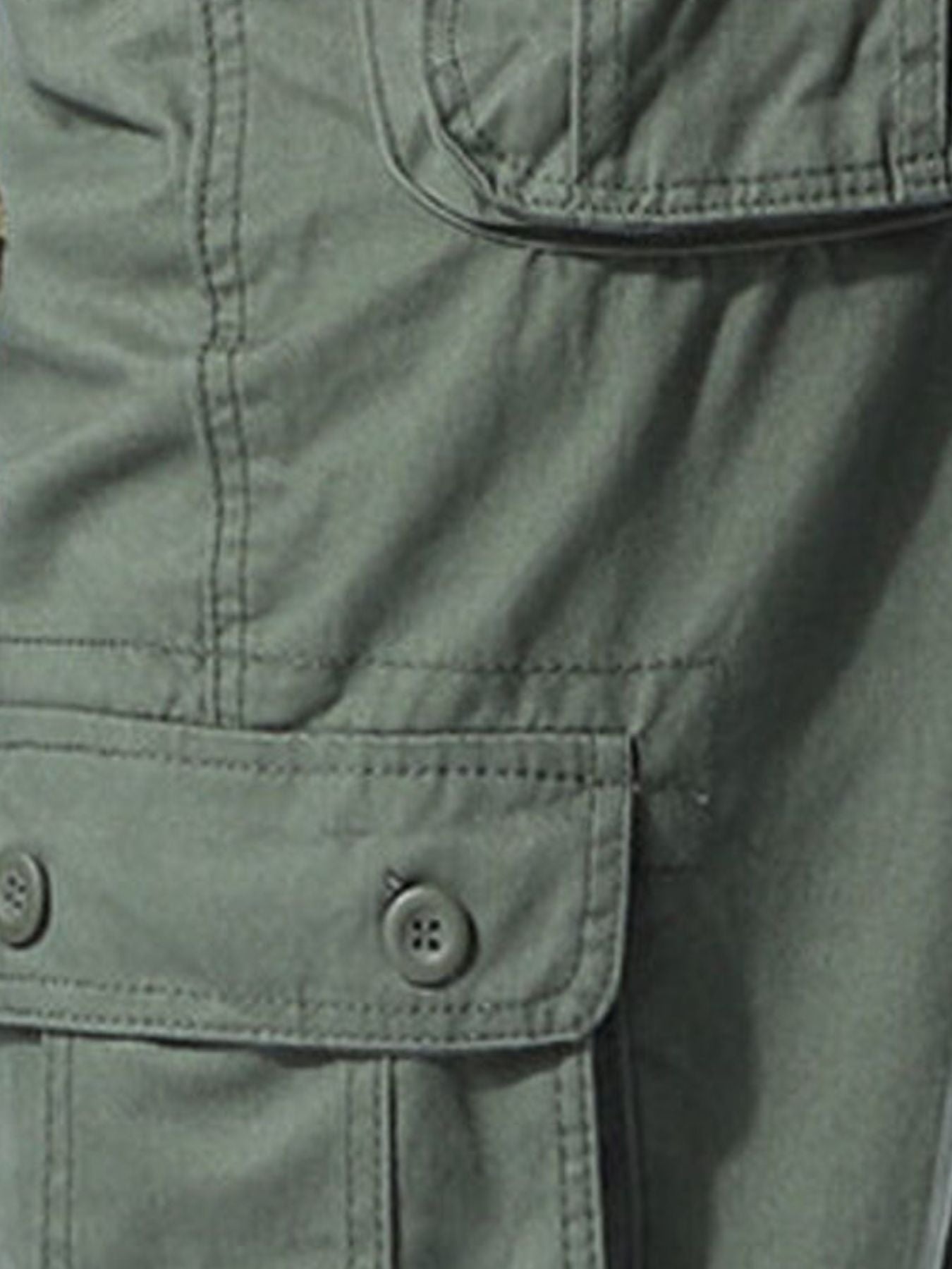 Men's army green cargo pants with button flap pockets and stretch fabric detail.