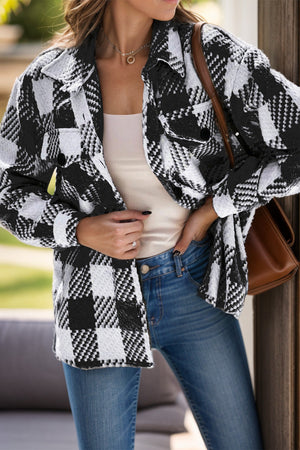 Textured checkerboard overshirt in plaid with button front and chest pockets