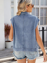 Boxy denim utility vest in Dusty Blue with a collar and buttoned front, shown from the back.