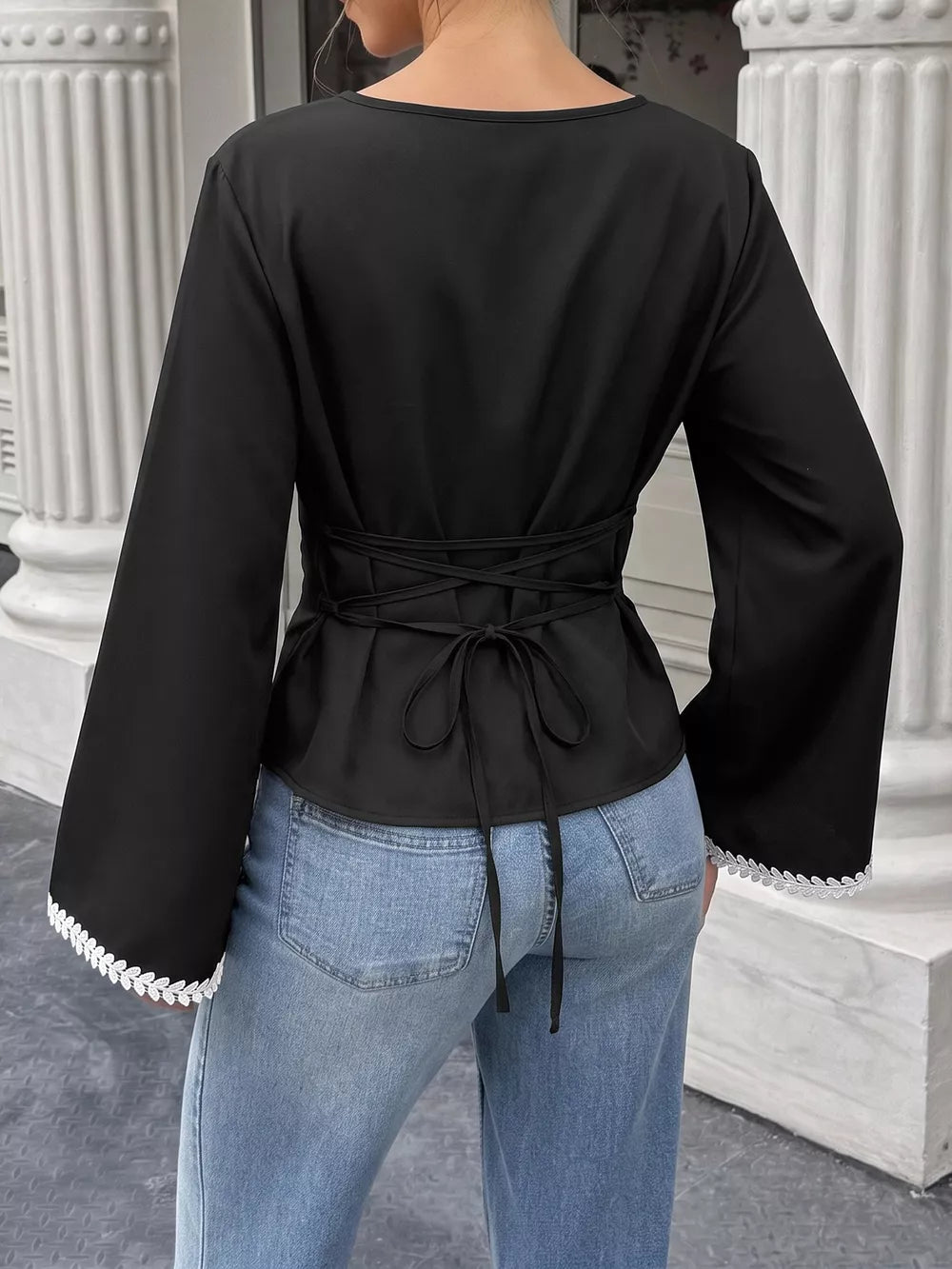 Contrast Trim Flare Sleeve Blouse in Black, fabric detail