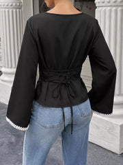 Contrast Trim Flare Sleeve Blouse in Black, fabric detail