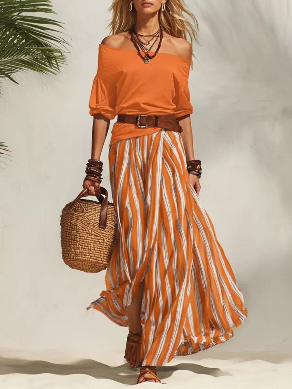 Orange off-shoulder top with puffed sleeves and a belted striped maxi skirt.