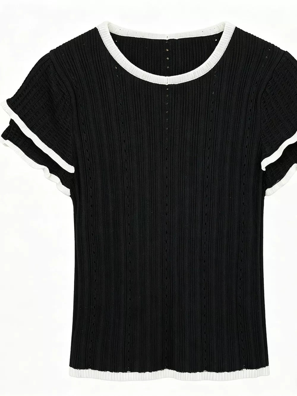 Black maternity t-shirt with white trim, ribbed knit fabric, and ruffled cap sleeves.