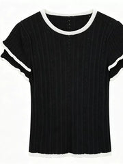 Black maternity t-shirt with white trim, ribbed knit fabric, and ruffled cap sleeves.