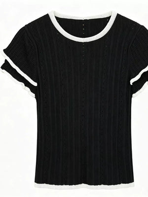 Black maternity t-shirt with white trim, ribbed knit fabric, and ruffled cap sleeves.