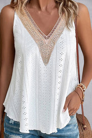White eyelet inset V-neck tank top with crochet trim and a casual, chic style.