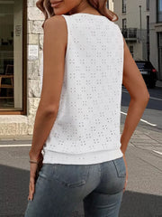 White eyelet cami tank top with keyhole detail and a scalloped hem.