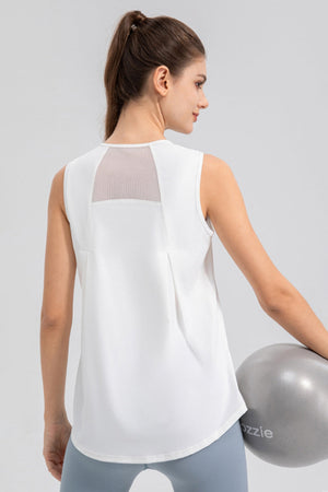 White mesh panel performance tank top with a rounded hem.