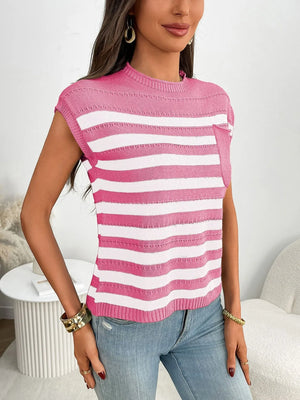 Striped knit pocket tee in blush pink and white with cap sleeves and a crew neck.