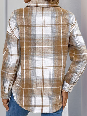 Plaid zip-through shirt in camel with white and grey checks, long sleeves, and button cuffs.