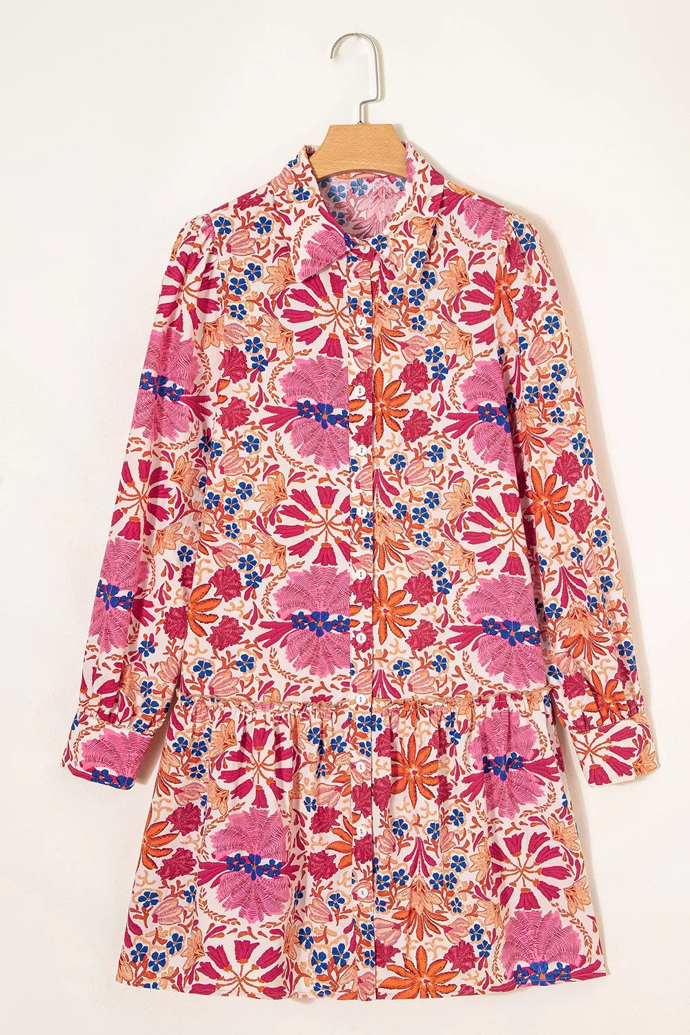 Fall Flower Print Long Sleeve Mini Dress in Dusty Pink, fit detail