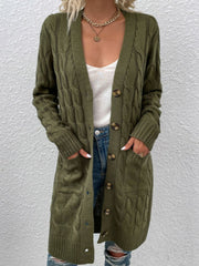 Army green cable knit button-down cardigan with pockets and a V-neck.