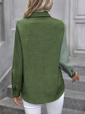 Two-tone denim button-down shirt in moss green with a contrasting lighter green sleeve.